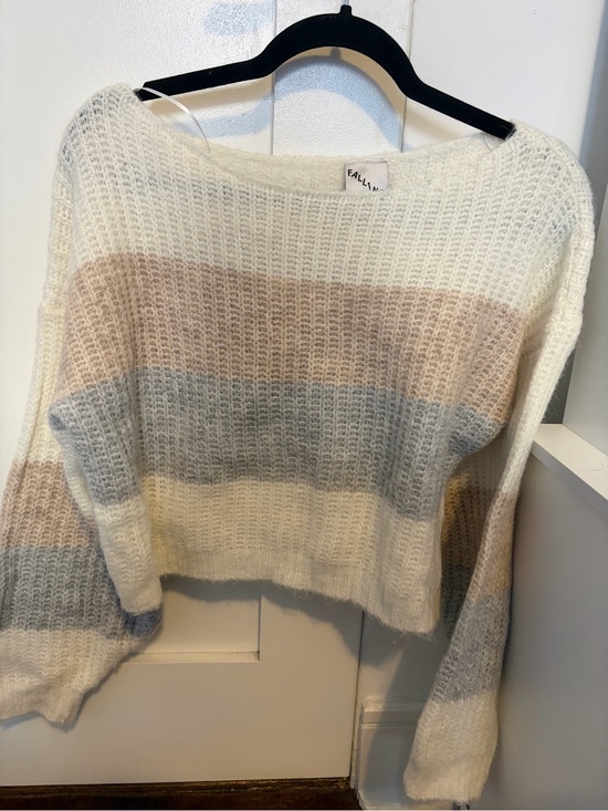 Falling Love Sweaters - Cream Stripe Crewneck Sweater with Gray & Light Brown Bands